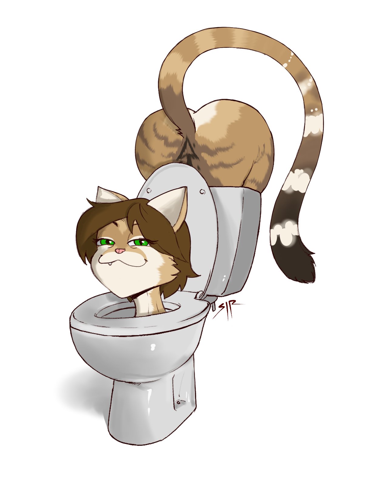 2023 :3 anthro butt domestic_cat felid feline felis female green_eyes helia_peppercats hi_res humor mammal meme shitpost simple_background sirartwork skibidi_toilet smug solo toilet what white_background