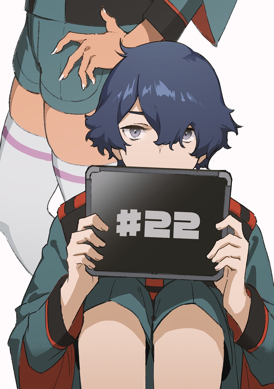 1boy 1girl asticassia_school_uniform blue_hair commentary_request green_jacket green_shorts grey_eyes gundam gundam_suisei_no_majo hair_between_eyes hand_on_own_hip hands_up highres holding holding_tablet_pc jacket knees_up long_sleeves looking_at_viewer mogumo rouji_chante school_uniform secelia_dote short_hair short_shorts shorts simple_background sitting skindentation standing tablet_pc thighhighs white_background white_nails white_thighhighs