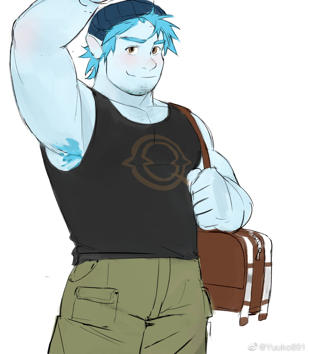 1boy arm_up armpit_hair armpits bag bara barley_lightfoot beanie black_tank_top blue_hair blue_skin blush colored_skin feet_out_of_frame goatee_stubble hat large_pectorals looking_at_viewer male_focus muscular muscular_male onward pectoral_cleavage pectorals pointy_ears presenting_armpit short_hair shoulder_bag smile solo standing tank_top thick_eyebrows yuuko_(yuuko891)