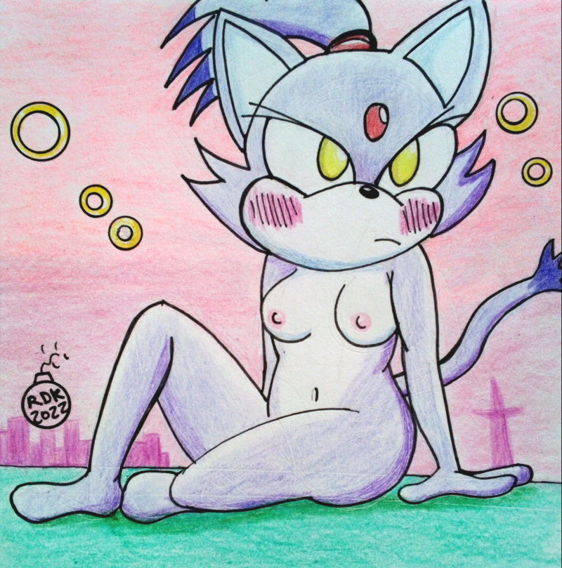 anthro blaze_the_cat blush breasts city cityscape felid feline female fur lounging mammal nude purple_body purple_fur reddragonkan ring sega solo sonic_the_hedgehog_(series) traditional_media_(artwork)