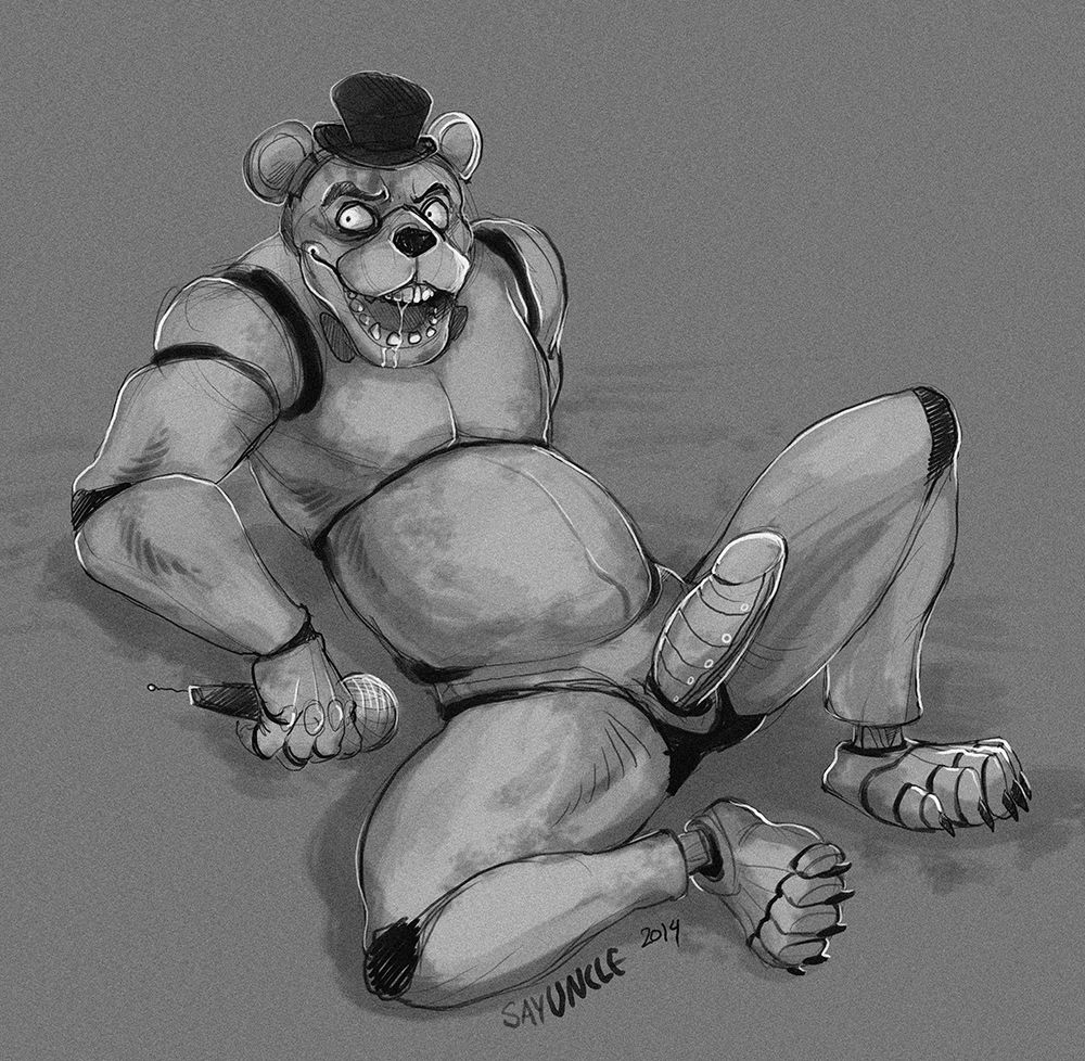 2014 animatronic anthro balls bear clothing digital_media_(artwork) five_nights_at_freddy's freddy_(fnaf) genitals hat headgear headwear looking_at_viewer machine male mammal monochrome penis robot sayuncle scottgames smile smiling_at_viewer solo