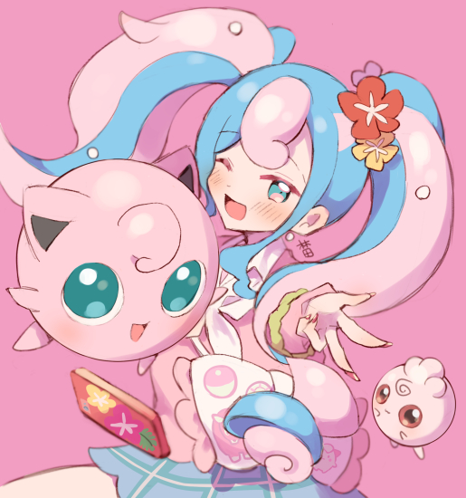 1girl blue_skirt blush cardigan cellphone earrings fairy_miku_(project_voltage) flower hair_flower hair_ornament hatsune_miku hayashidadesu igglybuff jewelry jigglypuff long_hair looking_at_viewer multicolored_hair nail_polish one_eye_closed open_mouth phone pink_background pink_cardigan pink_theme pokemon pokemon_(creature) project_voltage scrunchie skirt twintails two-tone_hair v very_long_hair vocaloid wrist_scrunchie