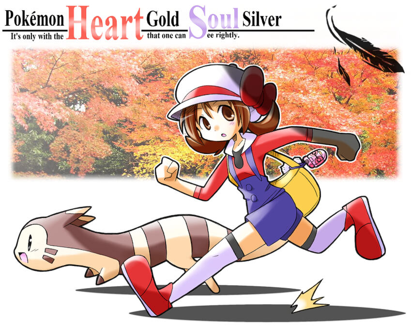 1girl :o autumn bag blue_overalls bow brown_eyes brown_hair cabbie_hat clenched_hands copyright_name full_body furret handbag hat hat_bow le_petit_prince lyra_(pokemon) open_mouth outline overalls photo_background pokegear pokemon pokemon_(creature) pokemon_(game) pokemon_hgss rascal red_bow red_footwear running shadow shoes short_hair solo thighhighs tree twintails white_headwear white_outline white_thighhighs yellow_bag