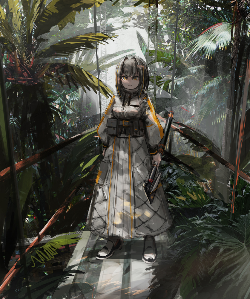 1girl axe closed_mouth expressionless full_body grey_hair haruaki_(onkai_planaria) holding holding_axe leaf looking_at_viewer multicolored_hair orange_eyes orange_hair orange_robe original plant robe short_hair solo standing streaked_hair two-tone_hair two-tone_robe white_footwear white_robe