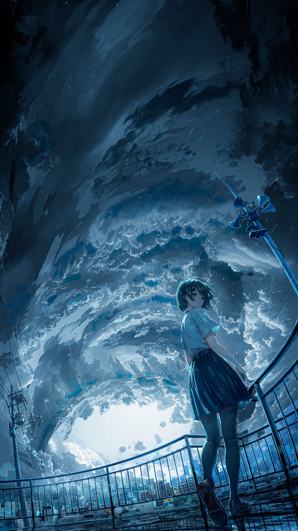 1girl black_clouds black_footwear black_thighhighs chocoshi cityscape cloud cloudy_sky full_body handrail highres horn_speaker looking_back original pleated_skirt rain reflective_floor shirt shoe_soles short_hair skirt sky solo standing swept_bangs thighhighs utility_pole white_shirt