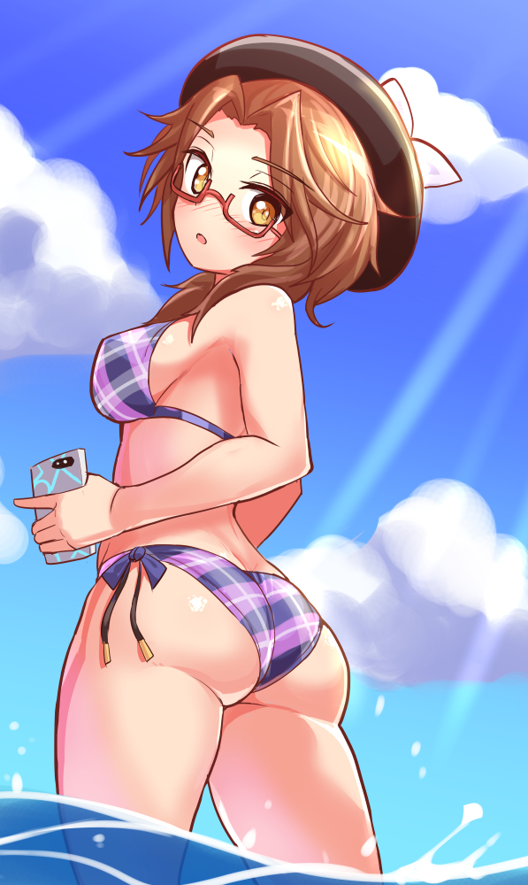 1girl ass beret bikini black_headwear blue_sky blush brown_eyes brown_hair cellphone cloud cloudy_sky commentary commission cougar_(cougar1404) day from_behind glasses halterneck hat holding holding_phone light_frown looking_at_viewer looking_back medium_hair open_mouth outdoors parted_bangs phone plaid plaid_bikini purple_bikini red-framed_eyewear semi-rimless_eyewear side-tie_bikini_bottom skeb_commission sky smartphone solo standing swimsuit textless_version touhou under-rim_eyewear usami_sumireko wading water