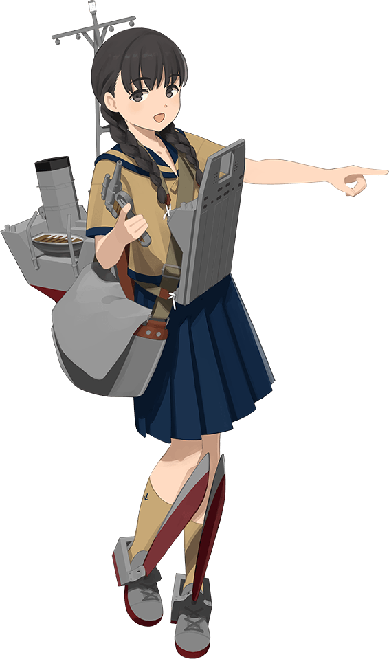 1girl bag black_eyes black_hair blue_sailor_collar blue_skirt brown_shirt brown_socks hair_over_shoulder kantai_collection landing_ship_no._101_(kancolle) long_hair looking_at_viewer low_twintails machinery mast pleated_skirt sailor_collar sailor_shirt school_uniform serafuku shibafu_(glock23) shin_guards shirt skirt smokestack socks solo transparent_background twintails