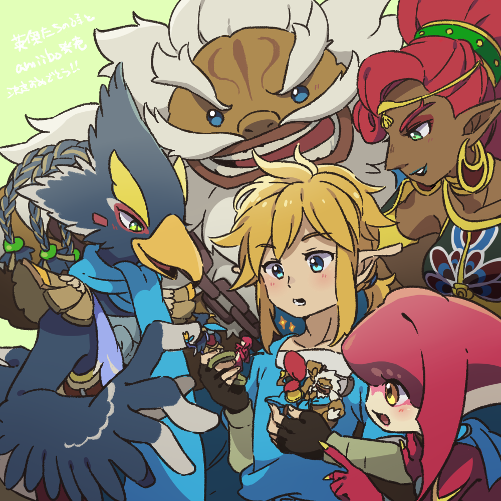 2girls 3boys amiibo beak beard bird_boy blonde_hair blue_eyes blue_fur blue_hair blue_lips blue_scarf blue_shirt blush body_fur braid breasts brown_gloves chain circlet collarbone colored_skin commentary_request dark-skinned_female dark_skin daruk earrings facial_hair facial_mark fingerless_gloves fins fish_girl forehead_mark furry furry_female furry_male gerudo gloves goron green_background green_eyes green_shirt grey_hair hair_tie hand_on_another's_arm hand_up hands_up happy head_fins holding index_finger_raised jewelry layered_sleeves light_blush link long_hair long_sleeves mipha multicolored_skin multiple_boys multiple_girls mustache neck_ring open_mouth pointing pointy_ears profile quad_tails red_hair red_skin revali rito scarf shirt short_hair short_over_long_sleeves short_sleeves shoulder_pads sidelocks sideways_mouth simple_background sleeveless sleeveless_shirt small_breasts smile sparkle standing teeth the_legend_of_zelda the_legend_of_zelda:_breath_of_the_wild translation_request two-tone_fur two-tone_skin ukata undershirt upper_body urbosa white_fur white_skin winged_arms wings yellow_eyes zora