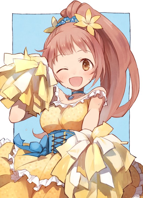 1girl ;d bare_shoulders blue_bow blue_corset blue_ribbon blush bow breasts brown_eyes brown_hair collarbone corset dot_nose dress flower frilled_dress frills grid_background hair_bow hair_flower hair_ornament hand_up holding holding_pom_poms idolmaster idolmaster_cinderella_girls idolmaster_cinderella_girls_starlight_stage long_hair medium_breasts one_eye_closed open_mouth pom_pom_(cheerleading) ponytail ribbon simple_background sleeveless sleeveless_dress smile solo soto sweat two-tone_background wakabayashi_tomoka yellow_dress yellow_flower