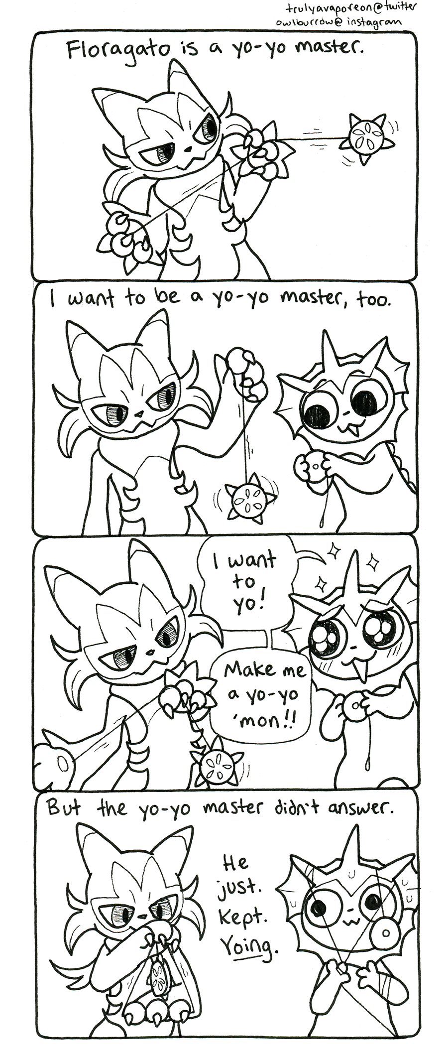 2023 3_fingers 4_panel_comic :3 ambiguous_gender anthro base_one_layout biped black_and_white black_eyes black_nose blush bodily_fluids cheek_tuft claws comic dialogue digital_drawing_(artwork) digital_media_(artwork) duo ear_fins eeveelution english_text entangled facial_tuft featureless_crotch felid feline feral fin finger_claws fingers floragato four_frame_image frill_(anatomy) front_view generation_1_pokemon generation_9_pokemon glistening glistening_eyes head_fin hi_res holding_object holding_toy holding_yo-yo looking_at_another mammal marine monochrome neck_frill nintendo nude open_mouth playing playing_with_toys pokemon pokemon_(species) semi-anthro speech_bubble standing sweat sweatdrop text toy trulyavaporeon tuft url vaporeon yo-yo