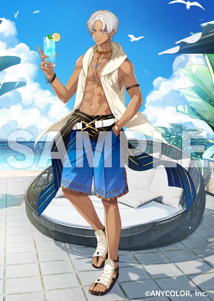 1boy abs ameno_(ameno_f) arm_garter banana_tree bangle beach belt belt_buckle bird black_sash blue_eyes blue_shorts bracelet buckle chair cloud cocktail collar copyright cup cushion dark-skinned_male dark_skin day drinking_glass earrings food fruit full_body hand_in_pocket holding holding_cup hood hood_down hooded_jacket ibrahim_(nijisanji) jacket jewelry lemon lemon_slice looking_at_viewer male_focus male_swimwear mint necklace nijisanji no_shirt ocean official_art papasan_chair parted_bangs plant sample_watermark sandals sash short_hair shorts sleeveless sleeveless_jacket smile solo standing swim_trunks toned toned_male tree virtual_youtuber white_belt white_hair white_jacket