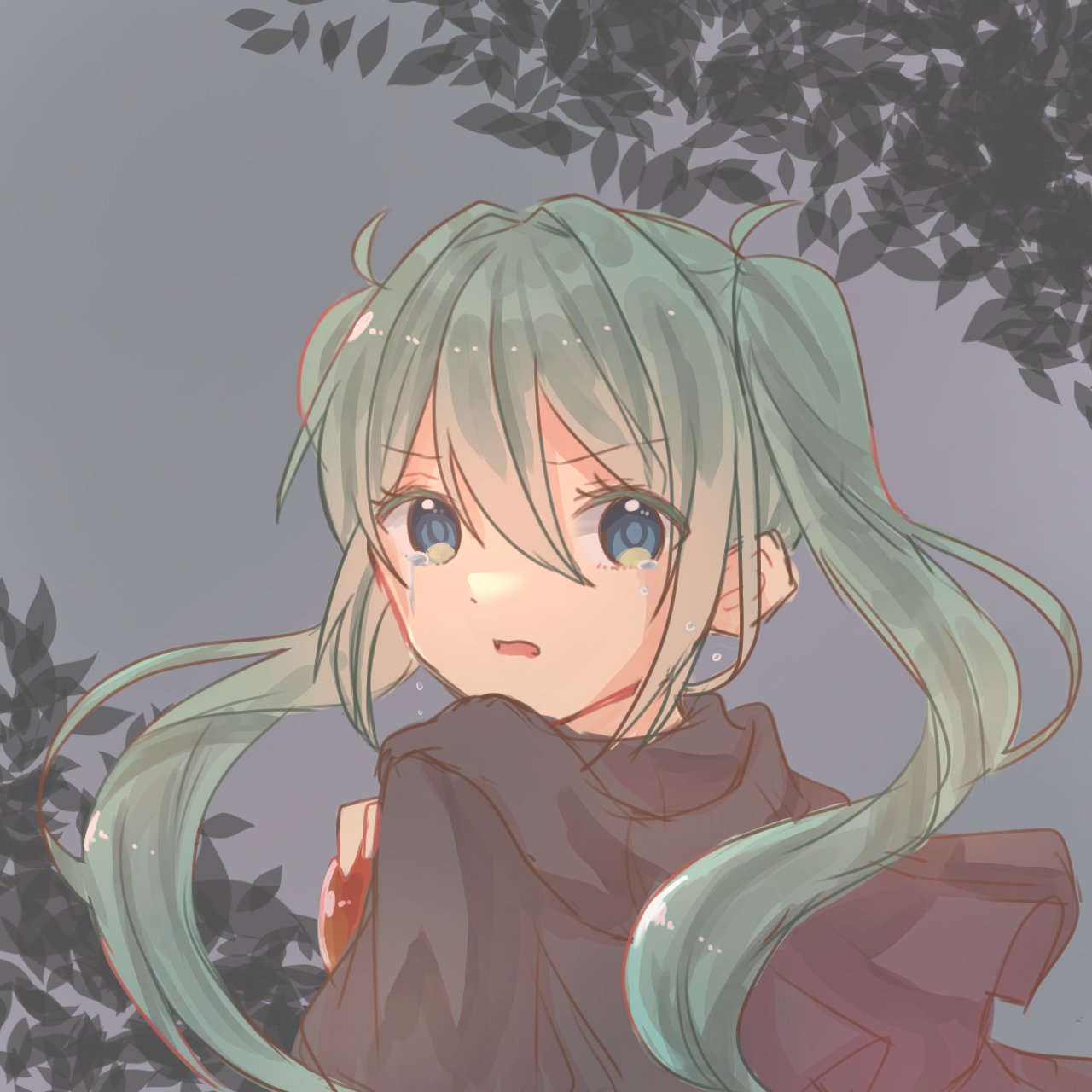 1girl angry apple aqua_eyes aquamarinu black_cape black_coat cape cloak coat crying crying_with_eyes_open eve_moonlit evillious_nendaiki foliage food frown fruit green_hair grey_background hatsune_miku highres holding holding_food holding_fruit hood hooded_cape hooded_cloak leaf long_hair looking_at_viewer looking_back moonlit_bear_(vocaloid) open_mouth red_apple solo streaming_tears tears turning_head twintails v-shaped_eyebrows vocaloid