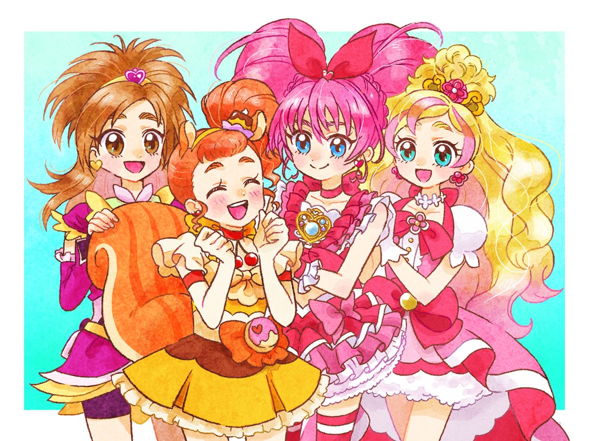 4girls animal_ears arisugawa_himari blonde_hair blue_eyes blush bow brooch brown_eyes brown_hair choker commentary_request cure_bloom cure_custard cure_flora cure_melody dress earrings extra_ears eyelashes flower food-themed_hair_ornament frills futari_wa_precure_splash_star gloves go!_princess_precure hair_flower hair_ornament hair_ribbon half_updo happy haruno_haruka heart heart_brooch heart_earrings hoppetoonaka3 houjou_hibiki hyuuga_saki jewelry kirakira_precure_a_la_mode long_hair magical_girl multicolored_hair multiple_girls neck_bobbles open_mouth orange_hair orange_tail pink_bow pink_choker ponytail precure pudding_hair_ornament ribbon shorts shorts_under_skirt simple_background smile squirrel_ears squirrel_tail suite_precure tail teeth thick_eyebrows thighhighs twintails upper_teeth_only white_gloves