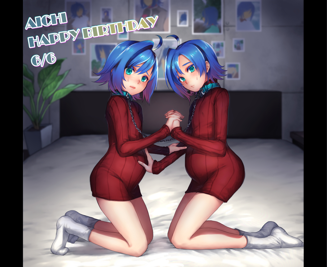 2boys ahoge bare_legs blue_eyes blue_hair cardfight!!_vanguard chain chain_leash commentary_request double_leash dress dual_persona full_body hand_on_another's_stomach happy_birthday holding_hands indoors kneeling leash male_pregnancy multiple_boys on_bed photo_(object) plant potted_plant ribbed_sweater sendou_aichi socks sweater sweater_dress torikawa_(tori1002) white_socks