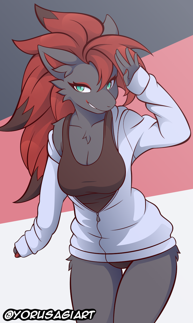 anthro black_body black_fur blue_eyes breasts clothed clothing female fur generation_5_pokemon hair hi_res looking_at_viewer nintendo pokemon pokemon_(species) red_hair simple_background smile solo yorusagi zoroark