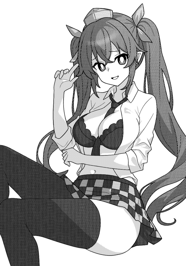 :d between_breasts bra breasts bright_pupils checkered_clothes checkered_skirt cleavage collared_shirt commentary greyscale hat himekaidou_hatate large_breasts long_hair long_sleeves looking_at_viewer monochrome navel necktie necktie_between_breasts onkn_sxkn open_clothes open_mouth open_shirt pointy_ears shirt sidelocks simple_background skirt smile thighhighs tokin_hat touhou twintails underwear