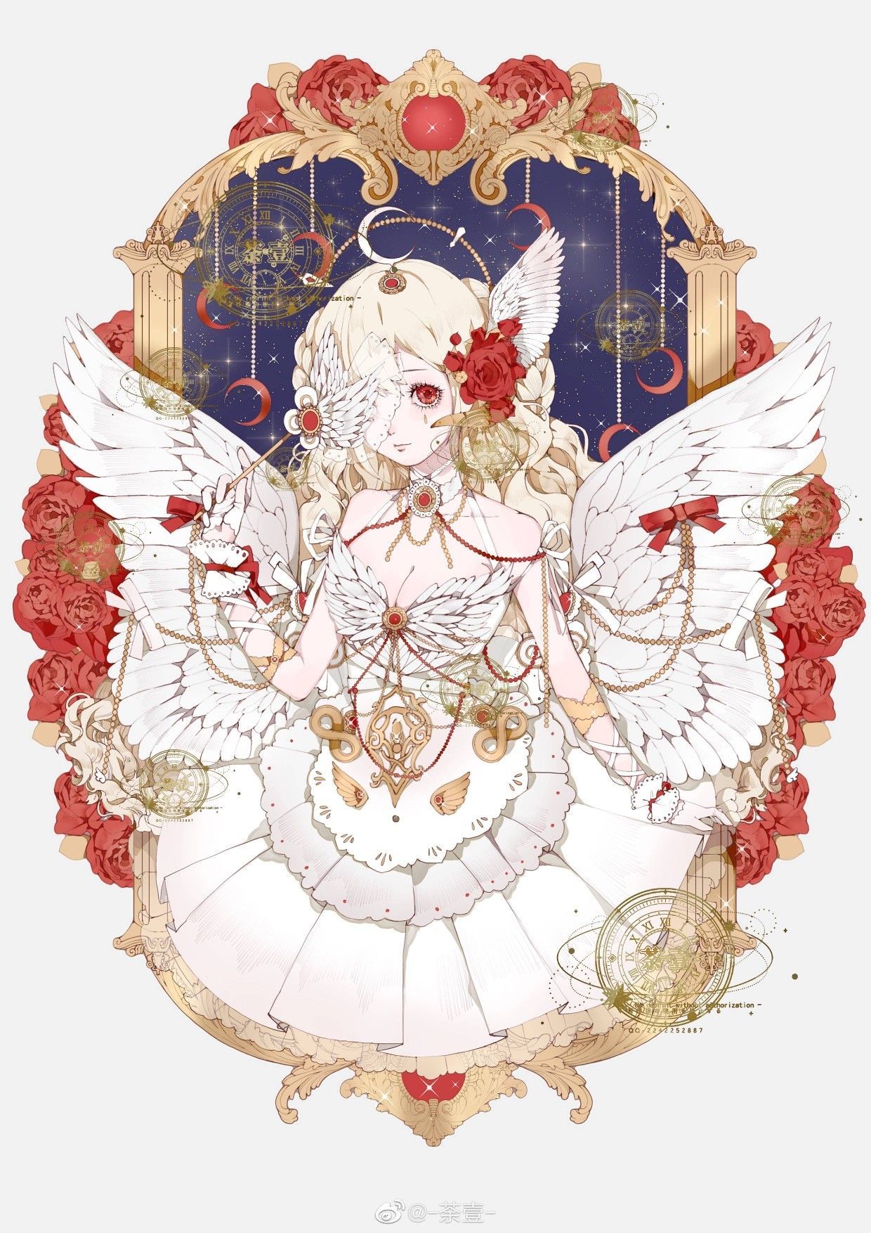 1girl angel_wings arm_ribbon bandage_over_one_eye bare_shoulders blonde_hair breasts cleavage closed_mouth crescent dress expressionless eyelashes feathered_wings flower frilled_wrist_cuffs grey_background highres holding holding_wand long_hair looking_at_viewer night night_sky one-eyed original pillar red_eyes red_flower red_rose ribbon rose sample_watermark sky sleeveless sleeveless_dress solo source_request star_(sky) third-party_source tu_yi upper_body wand watermark weibo_logo weibo_username white_dress white_ribbon white_wings white_wrist_cuffs wing_hair_ornament wings