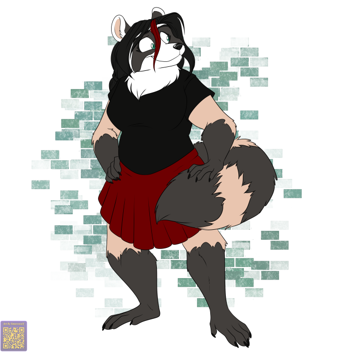 anthro black_hair black_nose bottomwear breasts clothed clothing female foxenawolf fur gloves_(marking) green_eyes hair leg_markings mammal markings procyonid raccoon ring_(marking) ringtail shirt skirt socks_(marking) solo tail tail_markings tan_body tan_fur topwear