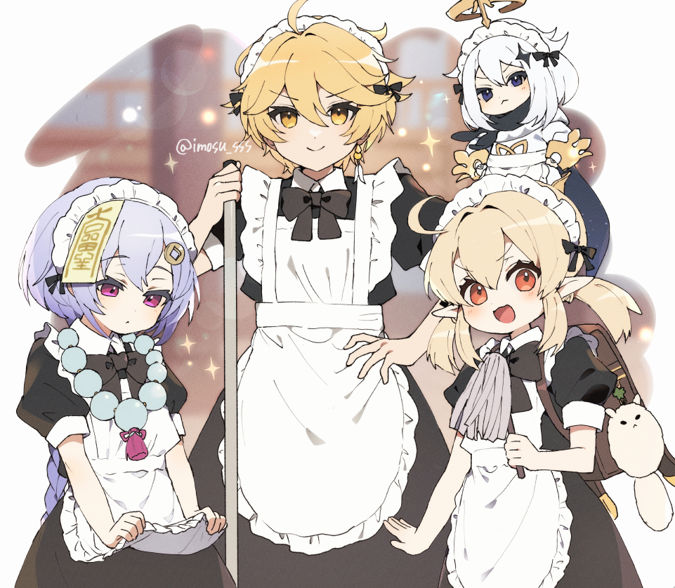 1boy 3girls aether_(genshin_impact) ahoge apron apron_lift black_bow black_dress black_eyes blonde_hair bow broom child closed_mouth dress hair_between_eyes holding holding_broom imoko_(imo_ss) klee_(genshin_impact) lifted_by_self long_hair looking_at_viewer maid maid_apron maid_headdress medium_hair multiple_girls open_mouth pointy_ears purple_hair qiqi_(genshin_impact) red_eyes short_sleeves short_twintails smile sparkle talisman twintails white_apron white_hair yellow_eyes