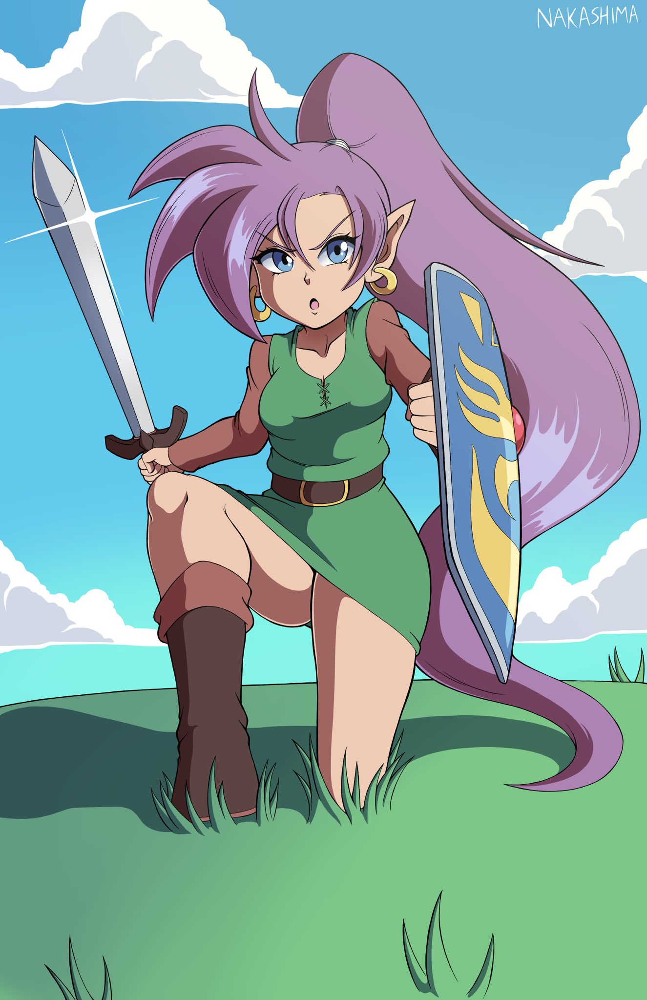 2023 a_link_to_the_past blue_eyes boots breasts brown_body brown_skin clothing cloud cosplay crossover crossover_cosplay day ear_piercing ear_ring female footwear genie grass hair hi_res holding_object holding_sword holding_weapon humanoid humanoid_pointy_ears link long_hair melee_weapon nakashimadigital nintendo not_furry piercing plant ponytail purple_hair ring_piercing shantae shantae_(series) shield signature solo sword the_legend_of_zelda wayforward weapon