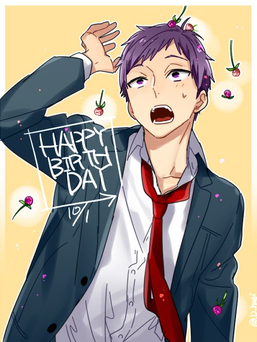 1boy arm_up blazer buttons collared_shirt commentary_request dated dress_shirt hagiwara_daisuke happy_birthday hori-san_to_miyamura-kun ishikawa_tooru jacket katagiri_senior_high_school_uniform lapels looking_up male_focus necktie notched_lapels open_clothes open_collar open_jacket open_mouth purple_eyes purple_hair red_necktie school_uniform shirt short_bangs short_hair solo teeth twitter_username upper_body