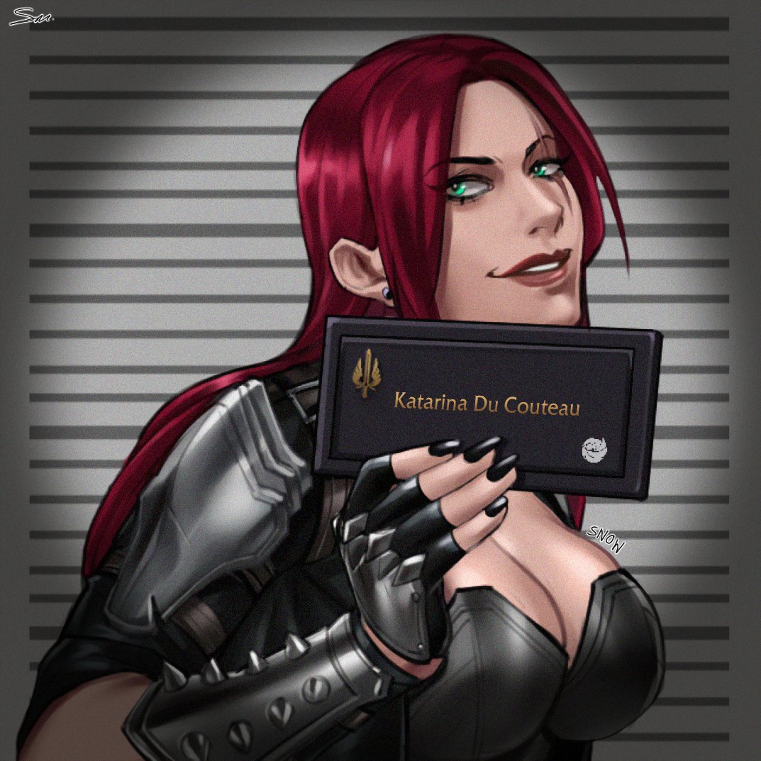 1girl arm_guards armor barbie_(franchise) barbie_(live_action) barbie_mugshot_(meme) breasts brown_lips cleavage commentary earrings english_commentary fingerless_gloves gloves green_eyes height_chart height_mark holding holding_sign jewelry katarina_(league_of_legends) large_breasts league_of_legends long_hair meme mugshot nameplate portrait red_hair scar scar_across_eye shoulder_armor sign signature smile snow_weiss_(xsnow_weissx) solo spikes