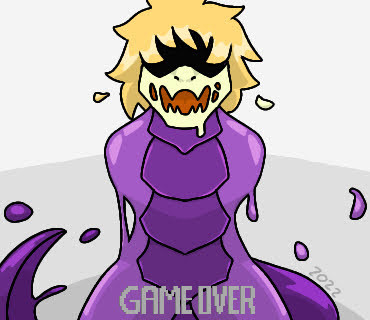 ambiguous_gender armless blonde_hair eyeless game_over gameplay_mechanics goo_transformation hair low_res open_mouth puppetmaster13u purple_body solo transformation