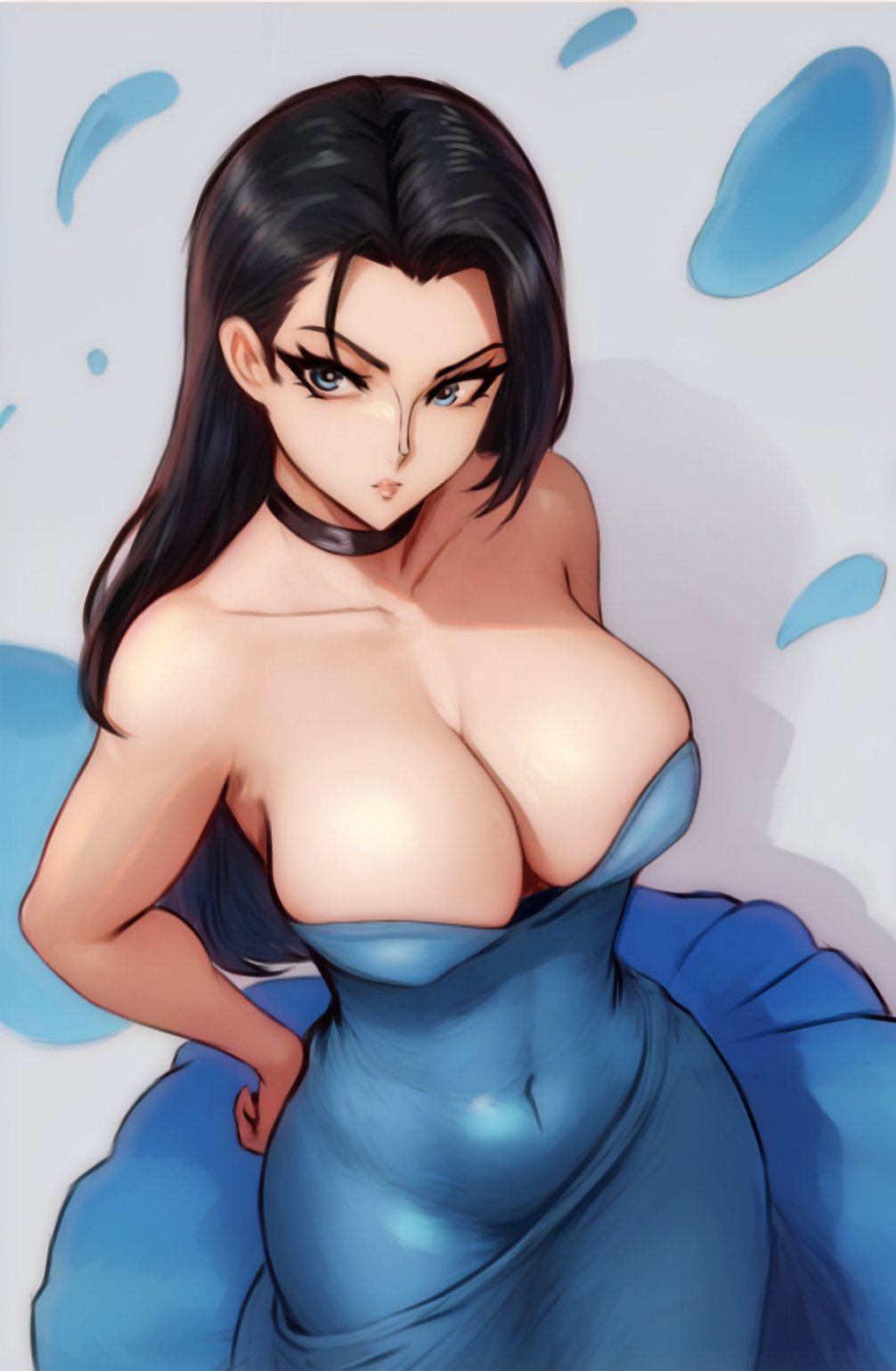 1girl bare_shoulders black_choker black_hair blue_dress breasts choker closed_mouth collarbone covered_navel dress frown grey_background highres large_breasts long_hair looking_at_viewer nico_robin off-shoulder_dress off_shoulder one_piece one_piece_treasure_cruise petals shiny_skin skindentation solo vivian_opart