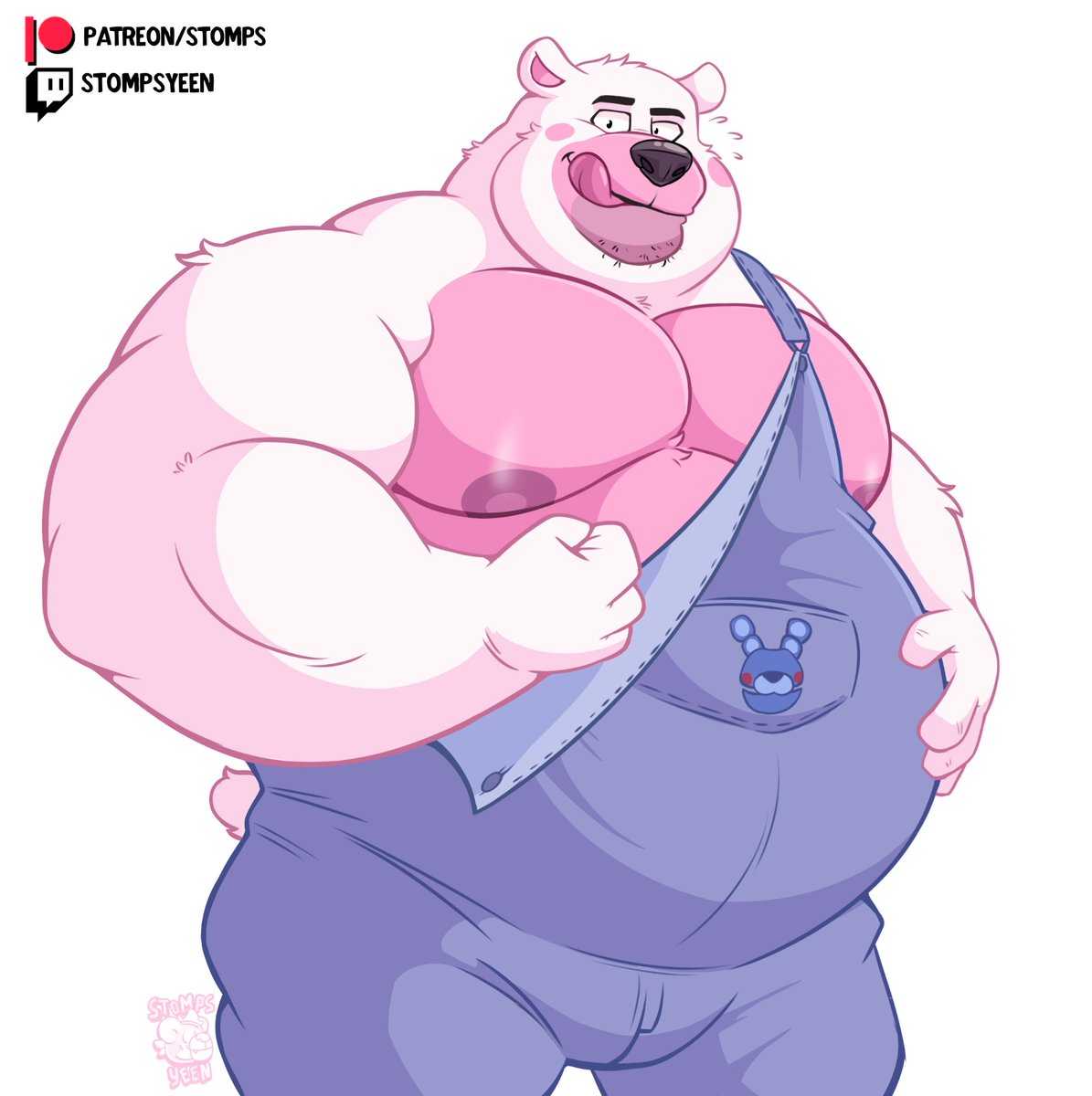 2023 anthro bear belly biceps big_belly big_muscles big_pecs clothed clothing eyebrows five_nights_at_freddy's flexing funtime_freddy_(fnafsl) fur hand_on_stomach hi_res licking licking_lips licking_own_lips looking_at_viewer male mammal musclegut muscular muscular_anthro muscular_male nipples obese obese_anthro obese_male overalls overalls_only overweight overweight_anthro overweight_male patreon pecs scottgames simple_background sister_location smile solo standing stompsthecroc text tongue tongue_out tuft twitch.tv url white_background
