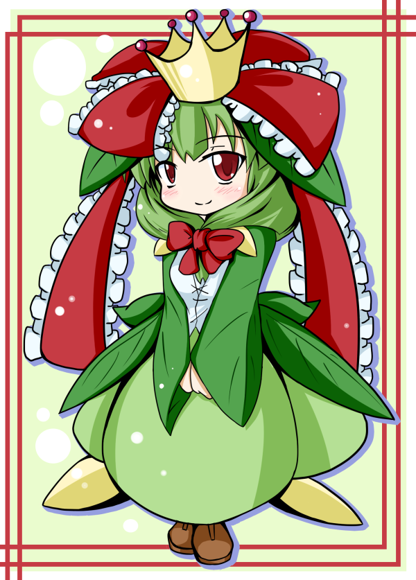 1girl bow cosplay crown dress frilled_ribbon frilled_sleeves frills front_ponytail full_body green_dress green_hair hair_bow hair_ribbon kagiyama_hina leaf leaf_on_head lilligant long_ribbon long_sleeves looking_at_viewer pokemon red_eyes red_ribbon ribbon smile solo touhou tu-kon wide_sleeves