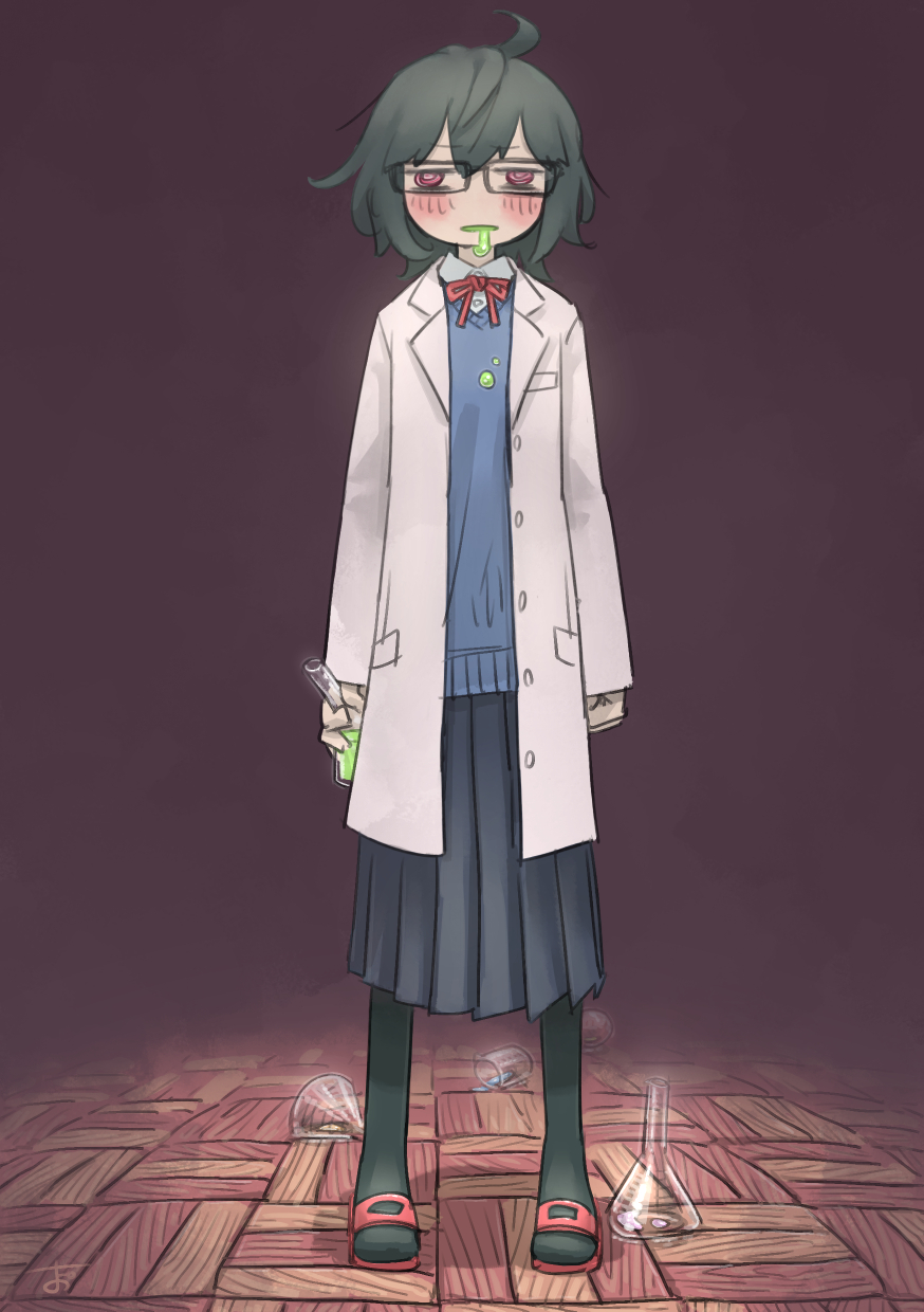 1girl @_@ ahoge bags_under_eyes beaker black_hair black_pantyhose black_skirt blue_sweater blush brown_background chiyo_maru coat collared_shirt commentary_request drooling drugged erlenmeyer_flask flask glasses glowing_liquid half-closed_eyes highres holding holding_flask lab_coat long_skirt long_sleeves looking_at_viewer medium_hair messy_hair neck_ribbon open_clothes open_coat original pantyhose pleated_skirt red_eyes red_ribbon ribbon shirt skirt slippers solo straight-on sweater white_coat white_shirt wooden_floor
