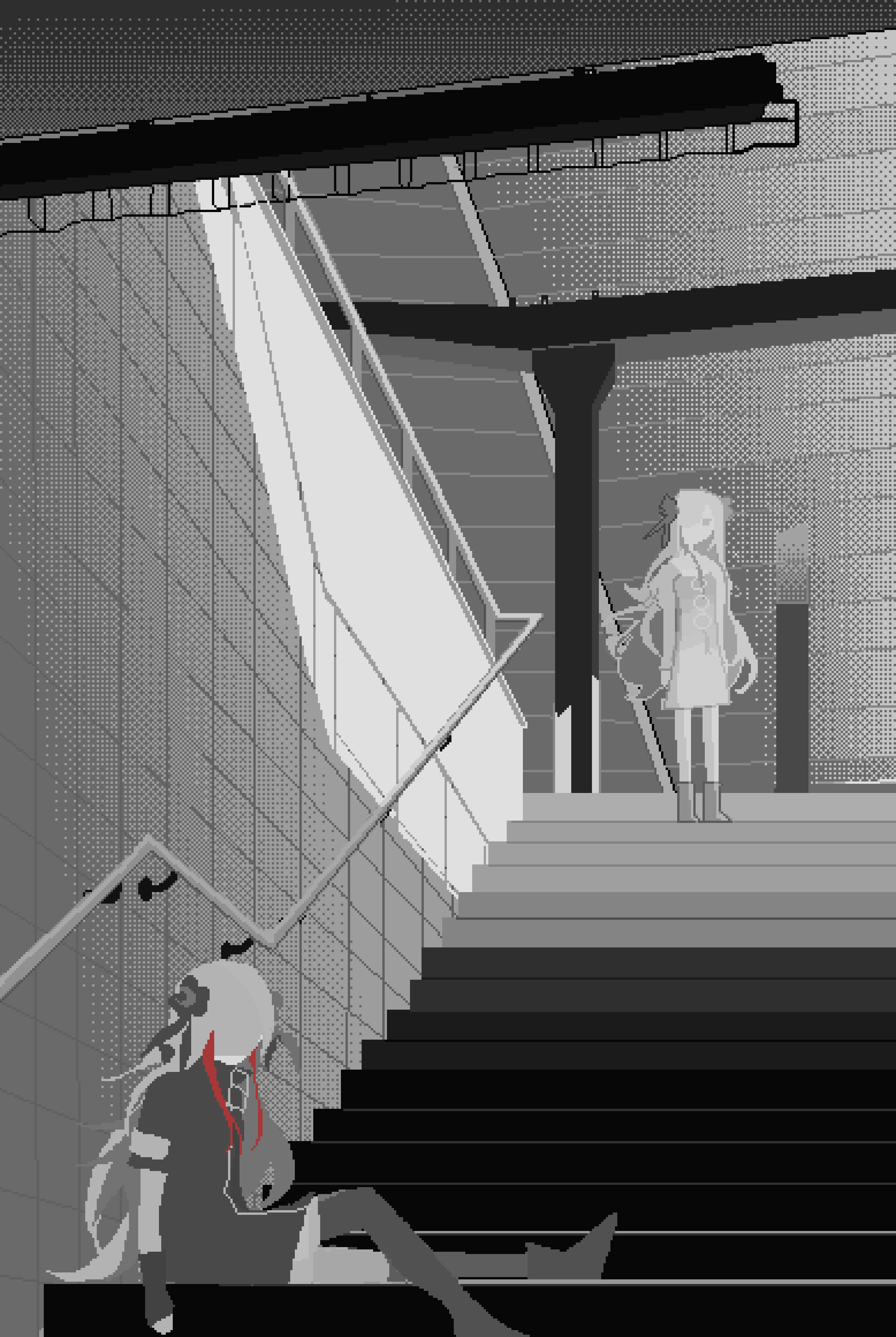 2girls absurdres against_wall arms_at_sides boots chinese_commentary coat commentary_request covered_face dress dual_persona expressionless fingerless_gloves gloves greyscale hair_over_face halftone head_down highres isekai_joucho jitome kamitsubaki_studio knee_up kuon_kyomu long_hair looking_at_another monochrome multicolored_hair multiple_girls no_mouth outstretched_leg pixel_art railing red_hair shadow shelter short_dress short_sleeves sitting sitting_on_stairs spot_color stairs standing streaked_hair subway_station tile_wall tiles virtual_youtuber wavy_hair wide_shot zipper_pull_tab