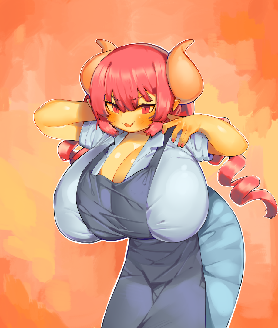 2022 5_fingers apron big_breasts breasts clothed clothing colored_nails drill_curls female fingers fully_clothed hair horn horned_humanoid huge_breasts humanoid ilulu leaning leaning_forward miss_kobayashi's_dragon_maid nails open_mouth open_smile pincerpencil red_eyes red_hair red_nails smile solo