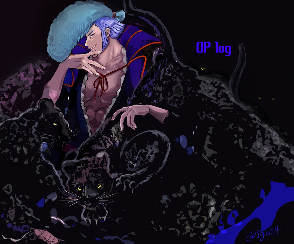 1boy animal_print arm_up black_kimono black_panther blue_cape blue_eyes blue_hair cape cat_tail dark_background denjirou_(one_piece) disembodied_eye english_text frills hand_on_own_chin harakara12 high_collar japanese_clothes kimono looking_at_viewer male_focus muscular muscular_male one_piece open_clothes pompadour profile red_ribbon ribbon short_hair smile tail wig
