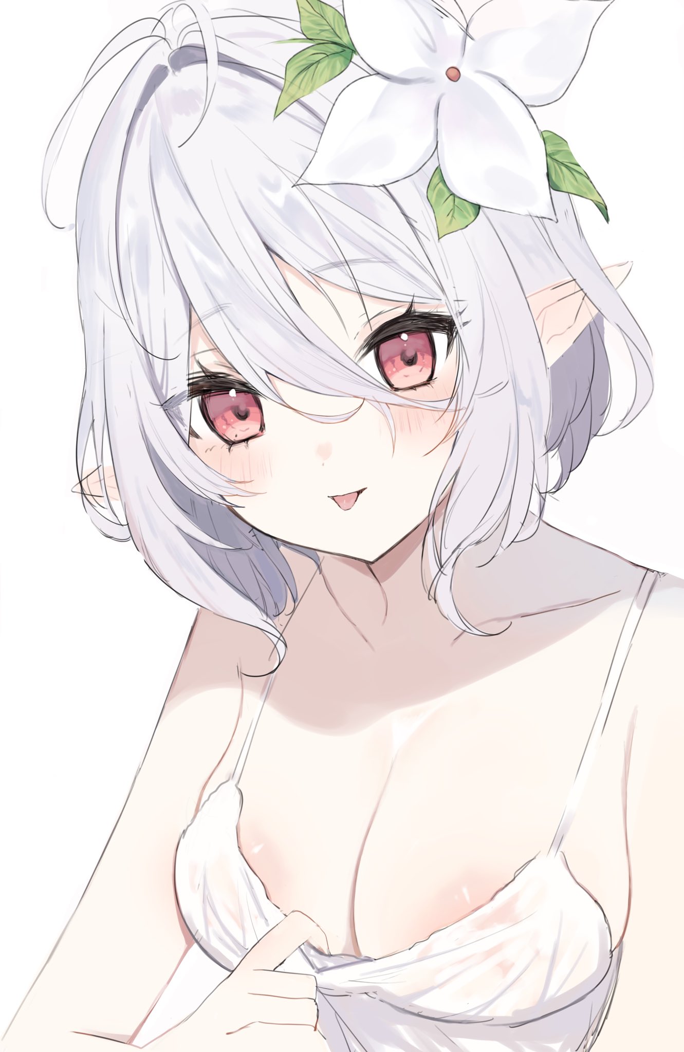 1girl :p alternate_breast_size antenna_hair areola_slip bare_shoulders blush breasts camisole camisole_pull closed_mouth collarbone commentary double-parted_bangs elf eyelashes eyes_visible_through_hair flower grey_hair hair_between_eyes hair_flower hair_ornament hand_up highres kokkoro_(princess_connect!) large_breasts leaf_hair_ornament looking_at_viewer pink_eyes pointy_ears princess_connect! pulled_by_self seductive_smile short_hair simple_background skindentation smile solo tongue tongue_out upper_body white_background white_camisole white_flower yupi_(yuyupiko01)