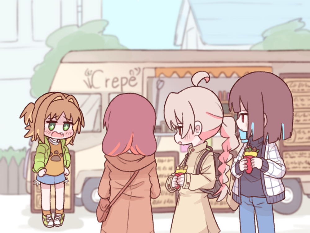 +_+ 4girls ahoge backpack bag black_sweater blonde_hair blue_hair blunt_bangs blunt_ends braid brown_coat brown_eyes brown_hair casual chibi coat commentary_request crepe day fang food green_eyes green_jacket hair_intakes hozuki_momiji jacket korean_commentary long_hair long_sleeves looking_at_another m1ch multicolored_hair multiple_girls murosaki_miyo oka_asahi onii-chan_wa_oshimai! open_clothes open_jacket open_mouth outdoors oyama_mahiro pants short_hair shoulder_bag skirt sweater two-tone_hair two_side_up