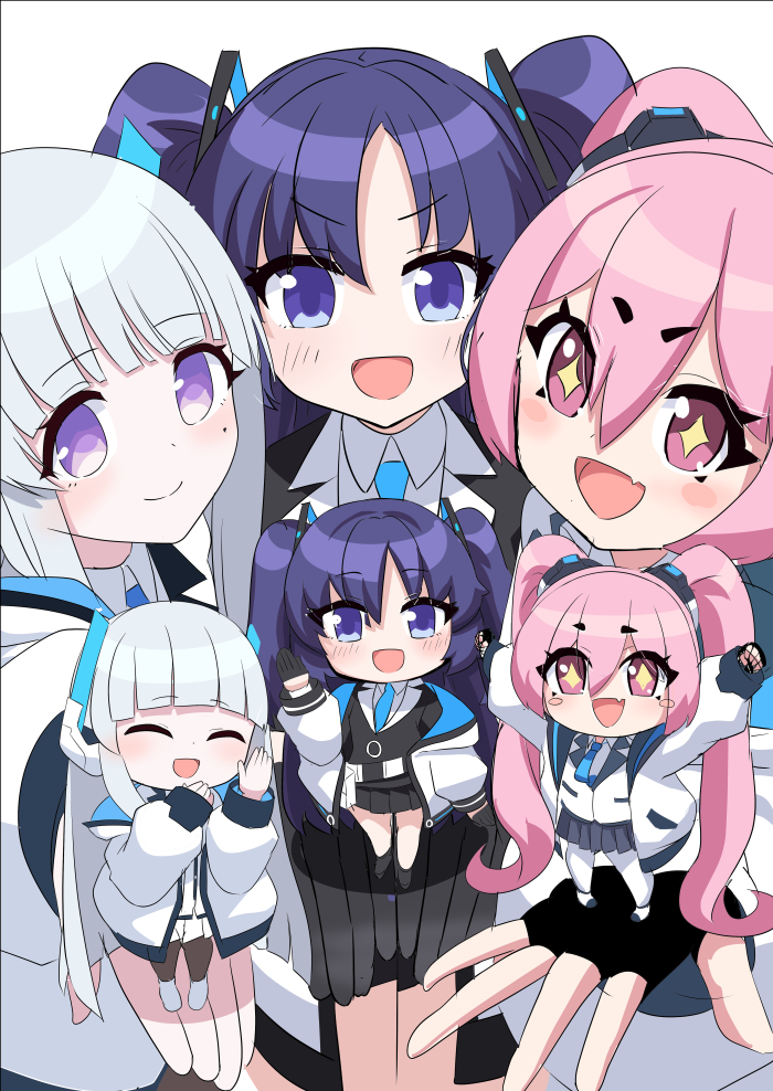 6+girls :d ^_^ black_gloves black_pantyhose blazer blue_archive blue_necktie blunt_bangs blush_stickers closed_eyes coat collared_shirt commentary_request dual_persona fingerless_gloves gloves hair_between_eyes headgear jacket koyuki_(blue_archive) long_hair long_sleeves looking_at_viewer mini_person minigirl multiple_girls necktie noa_(blue_archive) o_(rakkasei) open_clothes open_coat pantyhose parted_bangs pink_eyes pink_hair pleated_skirt purple_eyes purple_hair school_uniform shirt sidelocks simple_background size_difference skirt smile symbol-shaped_pupils thick_eyebrows triangle_hair_ornament twintails two_side_up wabi_(wbsk) white_coat white_hair yuuka_(blue_archive) zettai_ryouiki