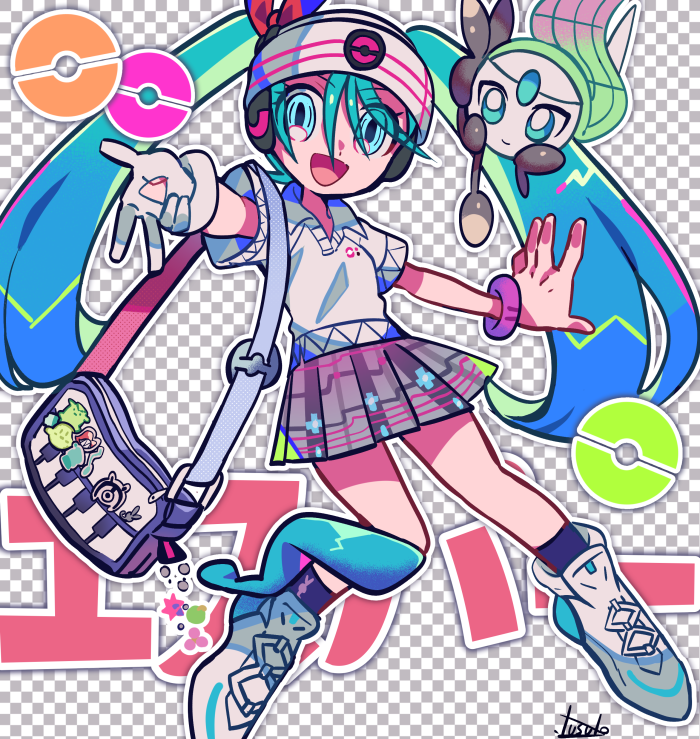 1girl :d bag beanie blue_bag blue_eyes blue_hair blue_socks bracelet collared_shirt commentary_request gloves grey_skirt hair_between_eyes hair_ribbon hat hatsune_miku headphones jewelry long_hair looking_at_viewer meloetta meloetta_(aria) open_mouth outstretched_arms piano_print plaid plaid_skirt pleated_skirt pokemon pokemon_(creature) polo_shirt project_voltage psychic_miku_(project_voltage) red_ribbon ribbon shirt shoes short_sleeves shoulder_bag single_glove skirt smile sneakers socks solo standing twintails very_long_hair vocaloid white_footwear white_gloves white_headwear white_shirt yuusuke-kun