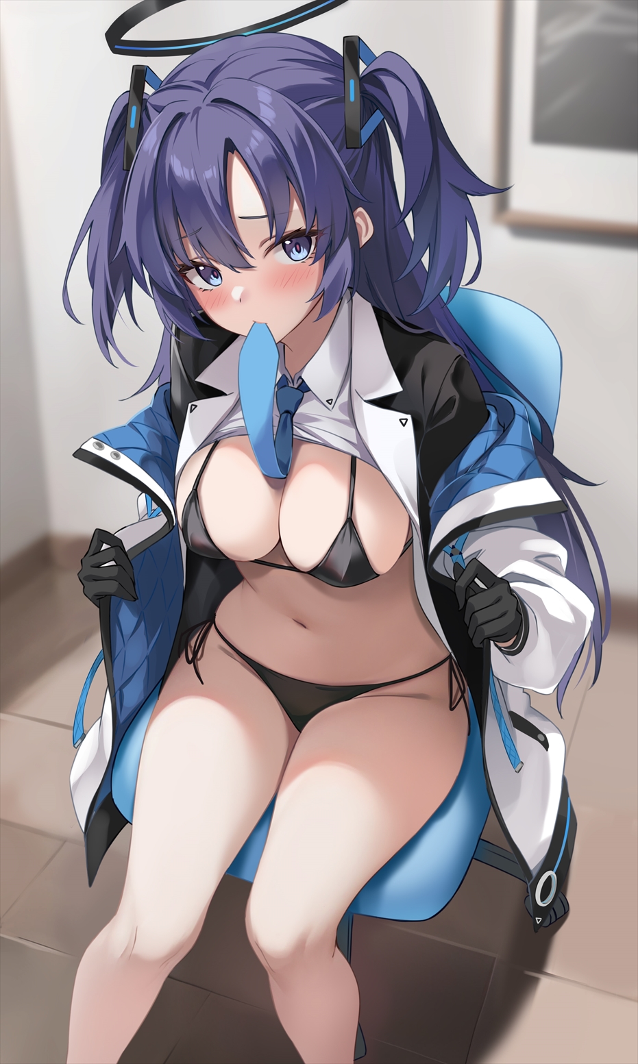 1girl bikini black_bikini black_gloves blue_archive blue_eyes blue_hair blue_necktie blush breasts chair collared_shirt gloves halo highres indoors jacket large_breasts long_hair long_sleeves looking_at_viewer marisasu_(marisa0904) mouth_hold navel necktie necktie_in_mouth on_chair open_clothes open_jacket revision shirt sitting solo swimsuit thighs two_side_up white_shirt yuuka_(blue_archive)