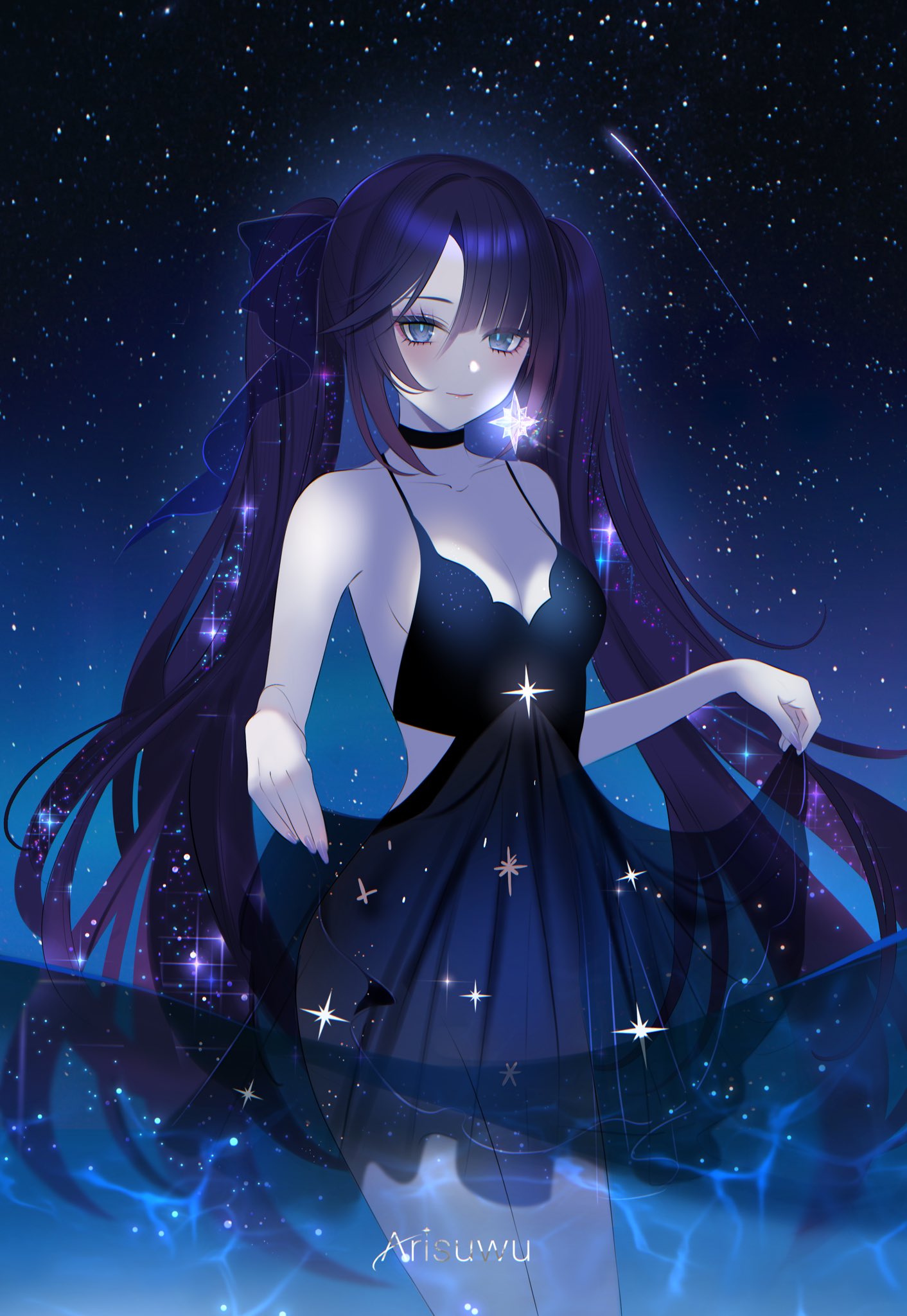 1girl 707arisu alternate_costume black_background black_choker black_dress blue_background blue_bow blue_eyes blush bow breasts choker cleavage closed_mouth dress genshin_impact hair_bow highres long_hair looking_at_viewer mona_(genshin_impact) multicolored_background purple_hair shooting_star smile solo star_(sky) starry_background starry_sky_print twintails twitter_username