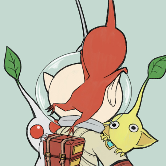 1boy backpack bag black_eyes colored_skin commentary_request from_behind gloves green_background hands_on_another's_arm helmet leaf naru_(wish_field) no_mouth olimar patch pikmin_(creature) pikmin_(series) pointy_ears radio_antenna red_bag red_eyes red_gloves red_pikmin red_skin sitting sitting_on_head sitting_on_person solid_circle_eyes space_helmet spacesuit upper_body white_pikmin white_skin yellow_pikmin yellow_skin