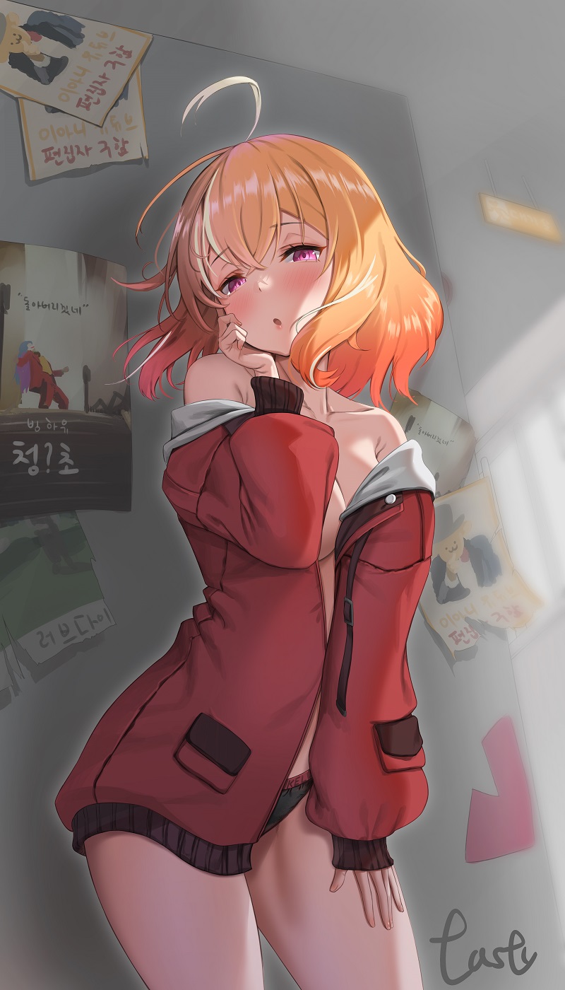 1girl :o ahoge black_panties breasts collarbone cosplay crossed_bangs gradient_hair hand_on_own_cheek hand_on_own_face hand_on_own_thigh harry_(dudwofla) head_tilt highres hood hooded_jacket indoors jacket joker_(2019) large_breasts lee_ani looking_at_viewer luvdia medium_hair multicolored_hair naked_jacket no_bra off_shoulder open_clothes open_jacket orange_hair panties poster_(object) purple_eyes red_jacket solo uncle_sam uncle_sam_(cosplay) underwear virtual_youtuber window