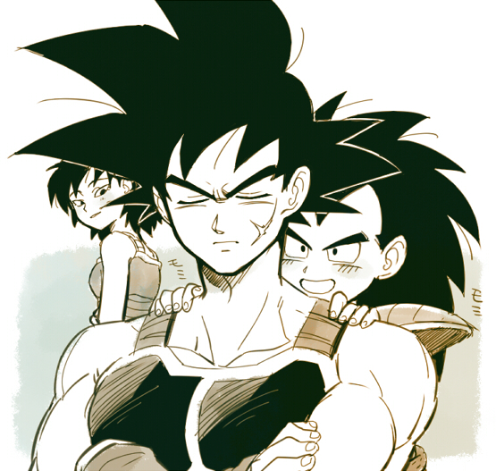 1girl 2boys armor bardock black_hair blush closed_eyes collarbone dragon_ball father_and_son furrowed_brow gine happy husband_and_wife long_hair looking_back messy_hair mother_and_son multiple_boys muscular muscular_male pauldrons petagon raditz saiyan saiyan_armor sanpaku scar scar_on_face shoulder_armor tsurime white_background widow's_peak