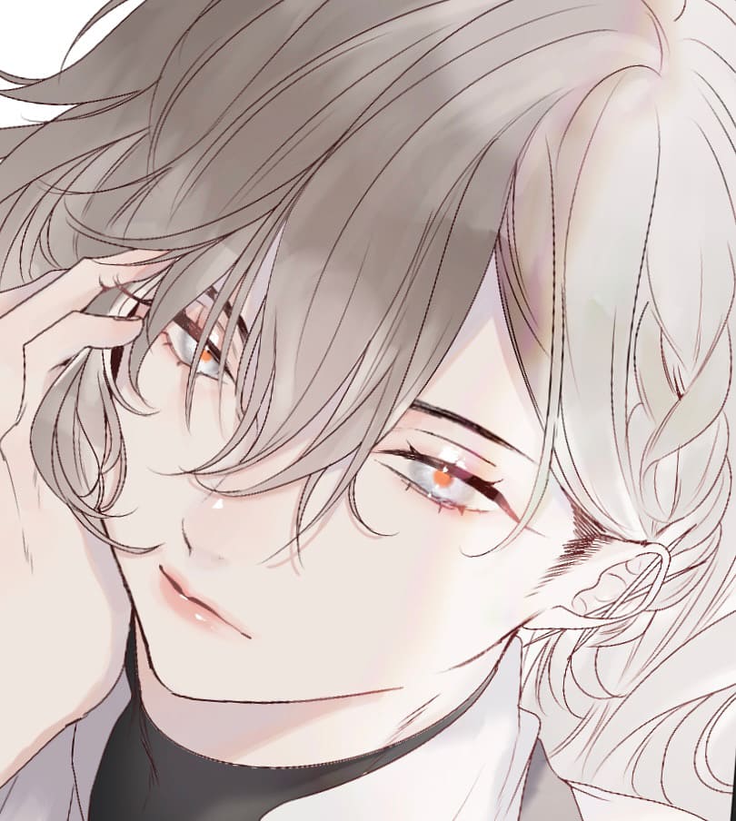 1boy androgynous bishounen close-up expressionless grey_eyes grey_hair hair_between_eyes head_rest long_hair male_focus msa_(fary_white) original red_pupils sketch solo white_background