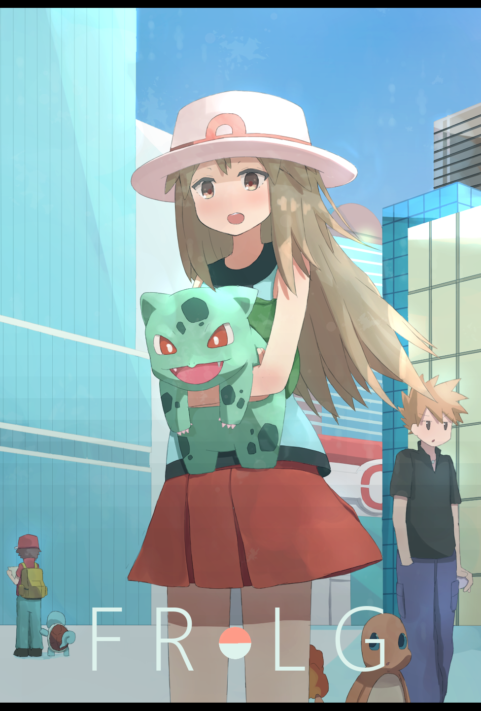 1girl 2boys acronym backpack bag black_shirt blue_eyes blue_oak blue_pants blue_shirt bright_pupils brown_eyes brown_hair building bulbasaur charmander city claws commentary copyright_name fangs flame-tipped_tail fukui hair_between_eyes hand_in_pocket highres holding holding_map holding_poke_ball holding_pokemon jewelry leaf_(pokemon) map multiple_boys necklace no_nose open_mouth pants poke_ball pokemon pokemon_(creature) pokemon_(game) pokemon_center pokemon_frlg red_(pokemon) red_eyes red_headwear red_shirt shirt skyscraper sleeveless sleeveless_shirt spiked_hair teeth upper_teeth_only urban white_headwear white_pupils yellow_bag