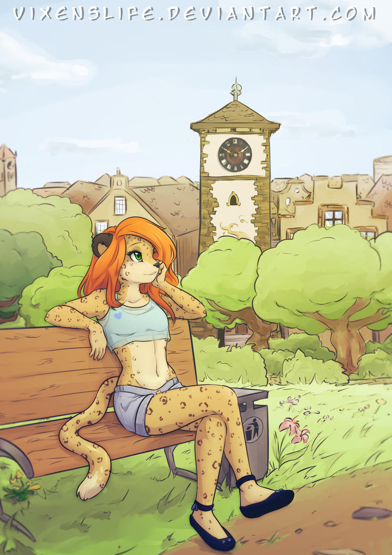 anthro bench bottomwear building clock clock_tower clothing cloud crop_top felid female flat_chested flower footwear grass green_eyes hair house leopard mammal navel orange_hair pantherine park park_bench plant plantigrade round_ears shirt shoes shorts sitting sky slim solo topwear trash_can tree vixenslife window