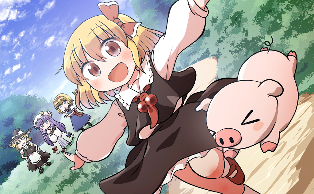 &gt;_&lt; 4girls :o alice_margatroid animal_ears ankle_socks apron ascot back_bow black_footwear black_headwear black_skirt black_vest blonde_hair blue_bow blue_dress blue_eyes blue_ribbon blue_sky blunt_bangs book bow bowtie braid bun_cover bush buttons capelet circle_skirt closed_eyes closed_mouth clothes_lift cloud collared_shirt crescent crescent_hat_ornament day double_bun dress floppy_ears foot_out_of_frame footwear_bow frilled_apron frilled_bow frilled_hat frilled_robe frilled_sash frilled_shirt_collar frilled_skirt frills full_body game_cg grass hair_bow hair_bun hairband hand_on_own_chest hand_on_own_elbow hands_on_own_hips hat hat_bow hat_ornament hat_ribbon holding holding_book kirisame_marisa leg_up light_blush long_dress long_hair long_skirt long_sleeves looking_at_viewer mary_janes mob_cap multiple_girls official_art open_mouth outdoors outstretched_arms patchouli_knowledge path pig pig_ears pig_nose pig_tail puffy_long_sleeves puffy_short_sleeves puffy_sleeves purple_eyes purple_hair red_ascot red_bow red_bowtie red_eyes red_footwear red_hairband red_ribbon red_sash ribbon ribbon-trimmed_collar ribbon_trim robe rokugou_daisuke rumia sash shadow shanghai_doll shirt shoes short_hair short_sleeves sidelocks single_braid skirt skirt_lift skirt_set sky sleeves_past_wrists smile socks solo_focus straight_hair striped striped_dress tail teeth touhou touhou_cannonball turtleneck vertical-striped_dress vertical_stripes very_long_hair vest waist_apron waist_bow white_apron white_bow white_capelet white_dress white_footwear white_headwear white_robe white_shirt white_socks white_trim wide_sleeves witch_hat
