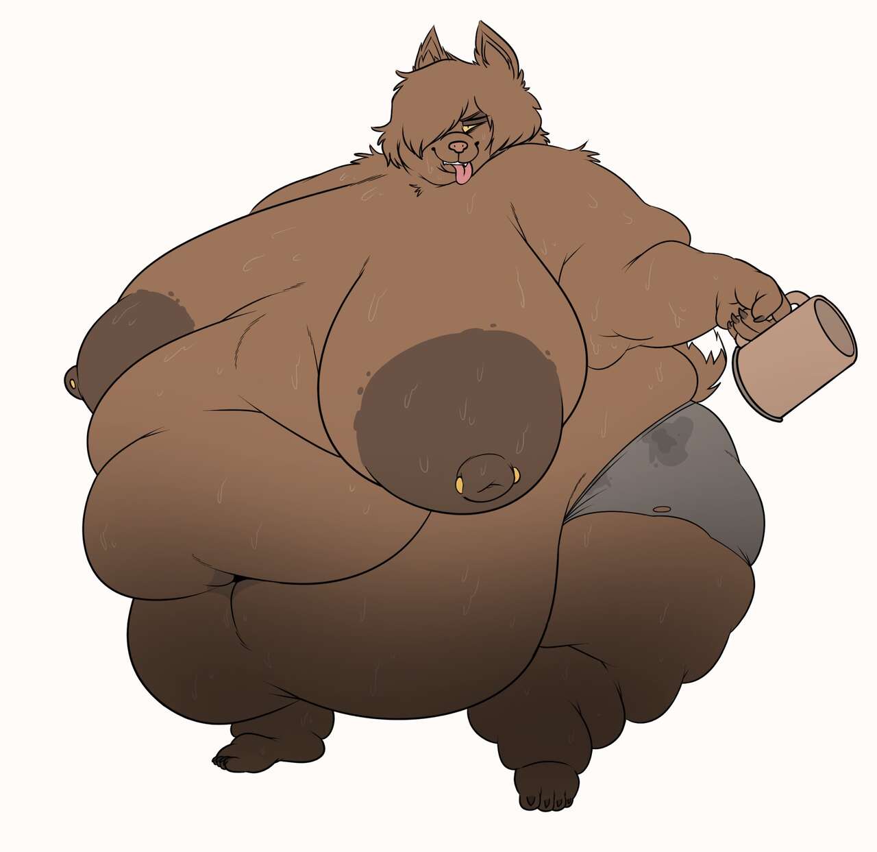 anthro areola belly big_areola big_belly big_breasts big_nipples breasts brown_body brown_fur canid canine canis clothing female full-length_portrait fur hair hair_over_eye hi_res holding_object huge_belly huge_breasts mammal messy_hair morbidly_obese morbidly_obese_anthro morbidly_obese_female mostly_nude mug navel nipple_piercing nipples obese obese_anthro obese_female one_eye_obstructed overweight overweight_anthro overweight_female panties piercing portrait simple_background smile smokii solo tail tongue tongue_out underwear white_background wolf yellow_sclera