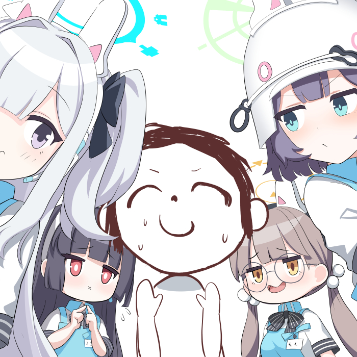 1boy 4girls angel's_24_uniform_(blue_archive) apron black_bow black_bowtie black_hair blue_apron blue_archive blue_eyes blue_halo bow bowtie brown_hair glasses green_halo grey_headwear halo long_hair looking_at_viewer low_twintails miyako_(blue_archive) miyako_(lawson)_(blue_archive) miyu_(blue_archive) miyu_(lawson)_(blue_archive) moe_(blue_archive) moe_(lawson)_(blue_archive) multiple_girls o_(rakkasei) one_side_up open_mouth polo_shirt purple_hair rabbit_platoon_(blue_archive) red_eyes round_eyewear saki_(blue_archive) saki_(lawson)_(blue_archive) sensei_(blue_archive) shirt short_hair short_sleeves simple_background twintails two_side_up white_background white_hair white_shirt yellow_eyes yellow_halo
