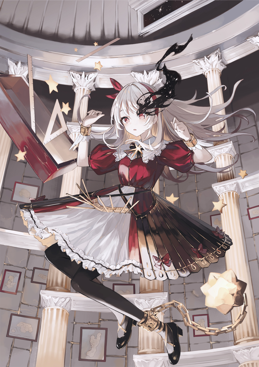 1girl alice_(alice_in_wonderland) alice_in_wonderland ball_and_chain_(weapon) ball_and_chain_restraint bow bowtie falling full_body hairband highres pillar puffy_sleeves red_eyes red_hairband ruler shoes solo spiked_ball_and_chain triangle wakuseiy white_hair wrist_cuffs